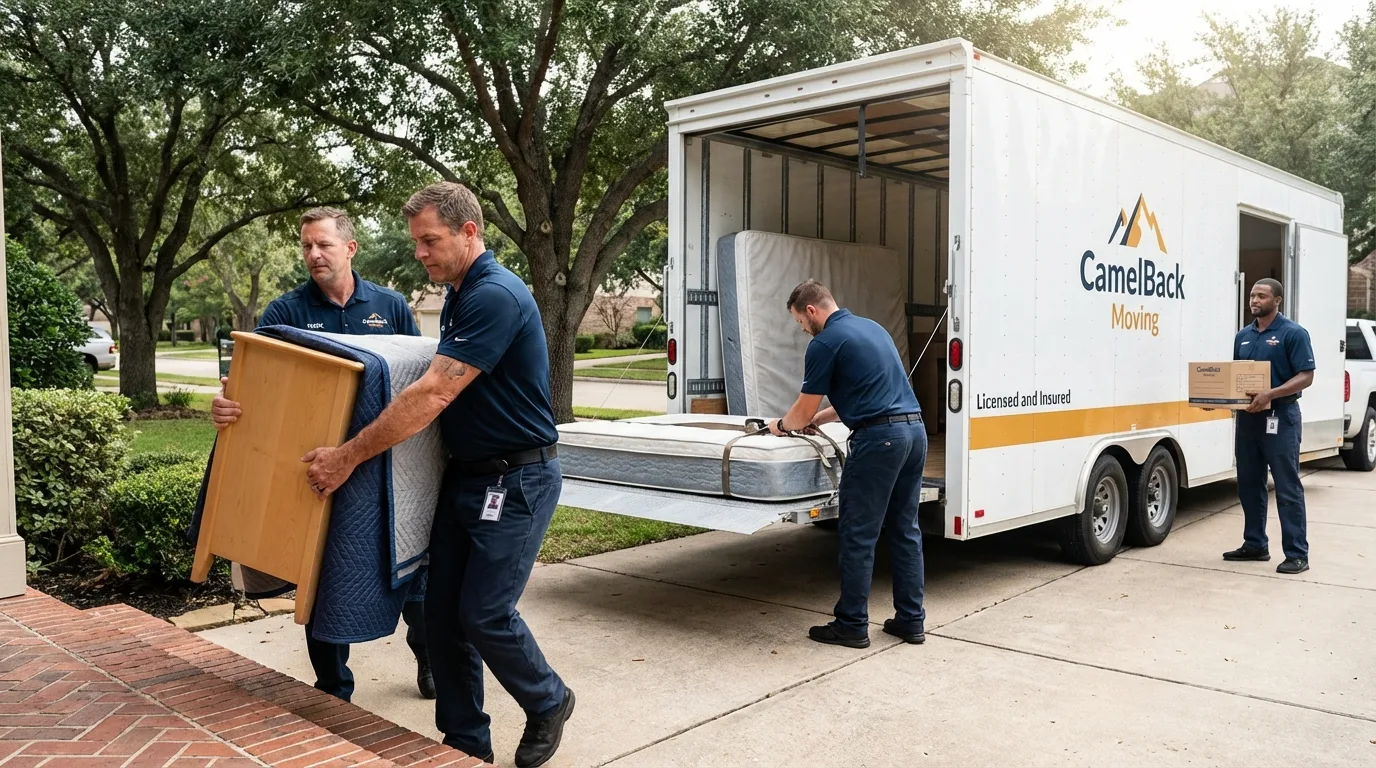Crew loading residential truck for cross-state move from Eagle, ID