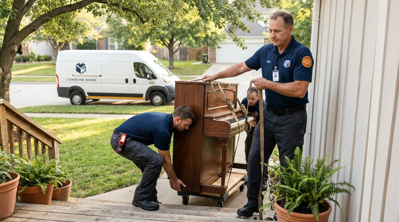 Licensed piano movers securing grand piano in Eagle, ID