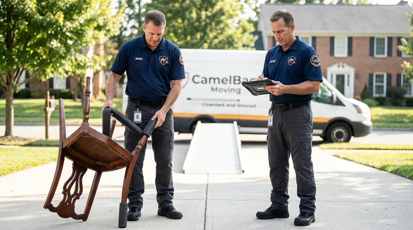 Movers inspecting furniture for damage prevention before loading in Eagle, ID